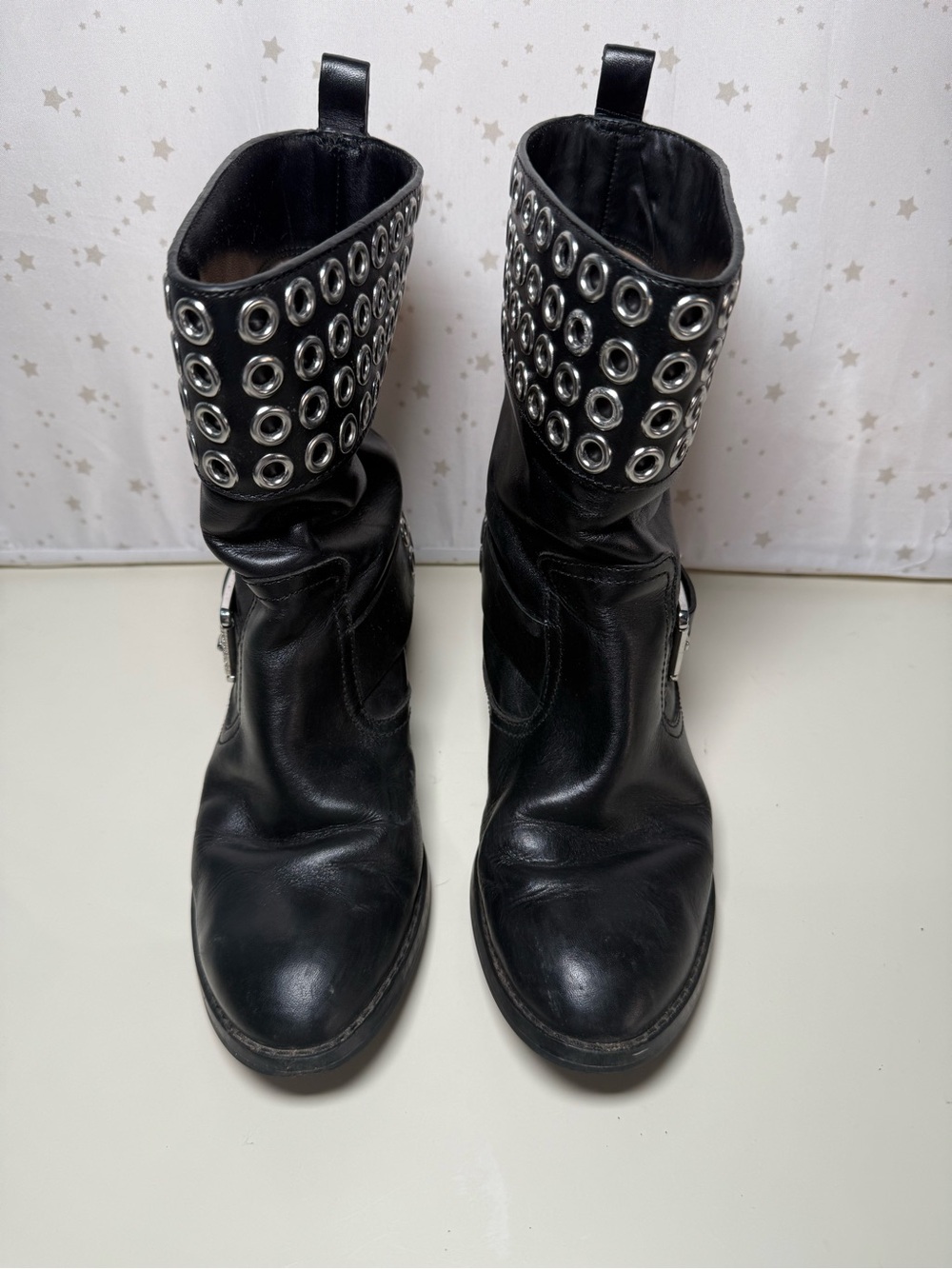 Michael Kors Black Leather Studded Boots – Eyelet Detail – 40R4MXFB1L